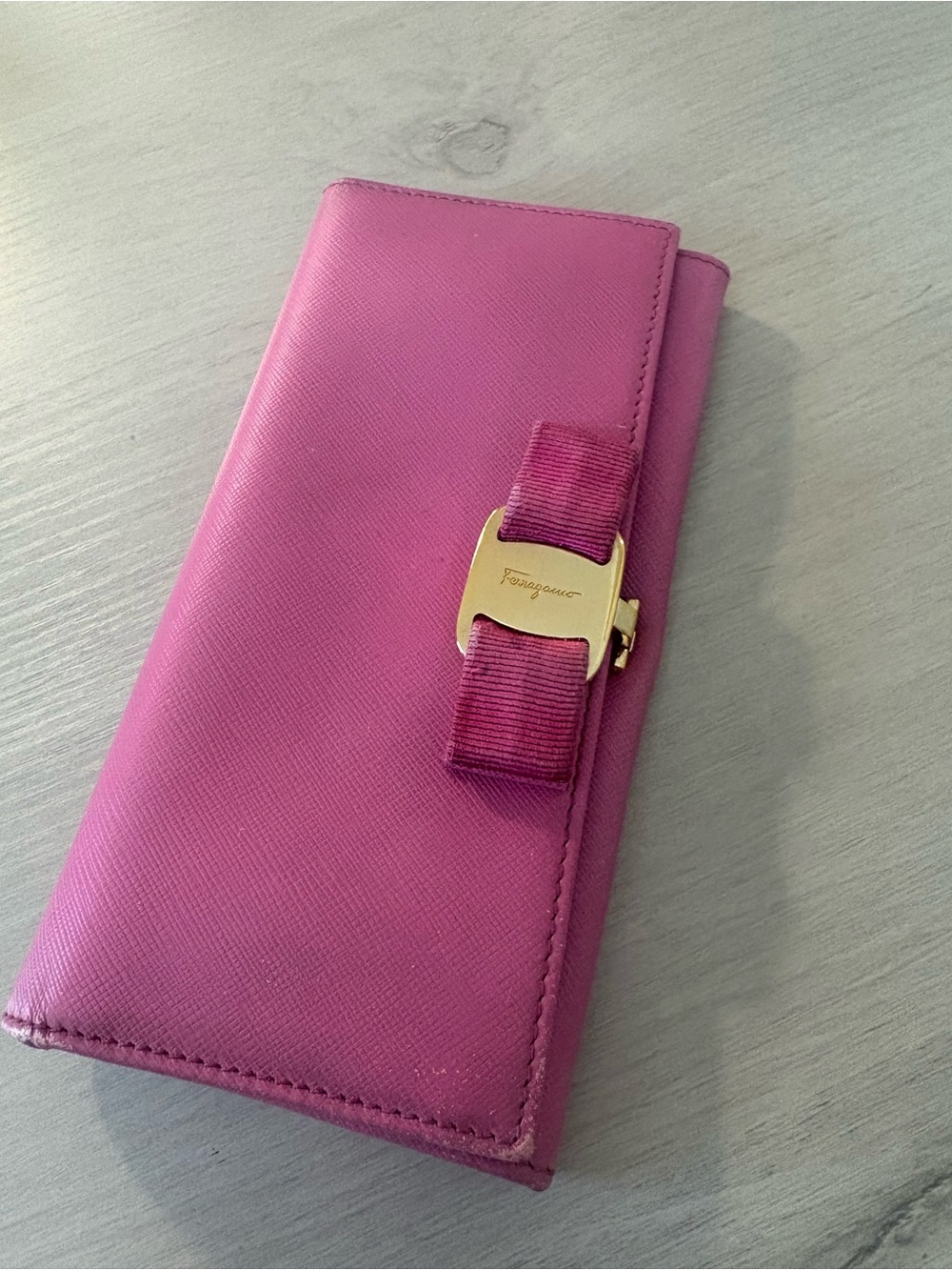 Salvatore Ferragamo Magenta Leather Bow-Accent Long Wallet